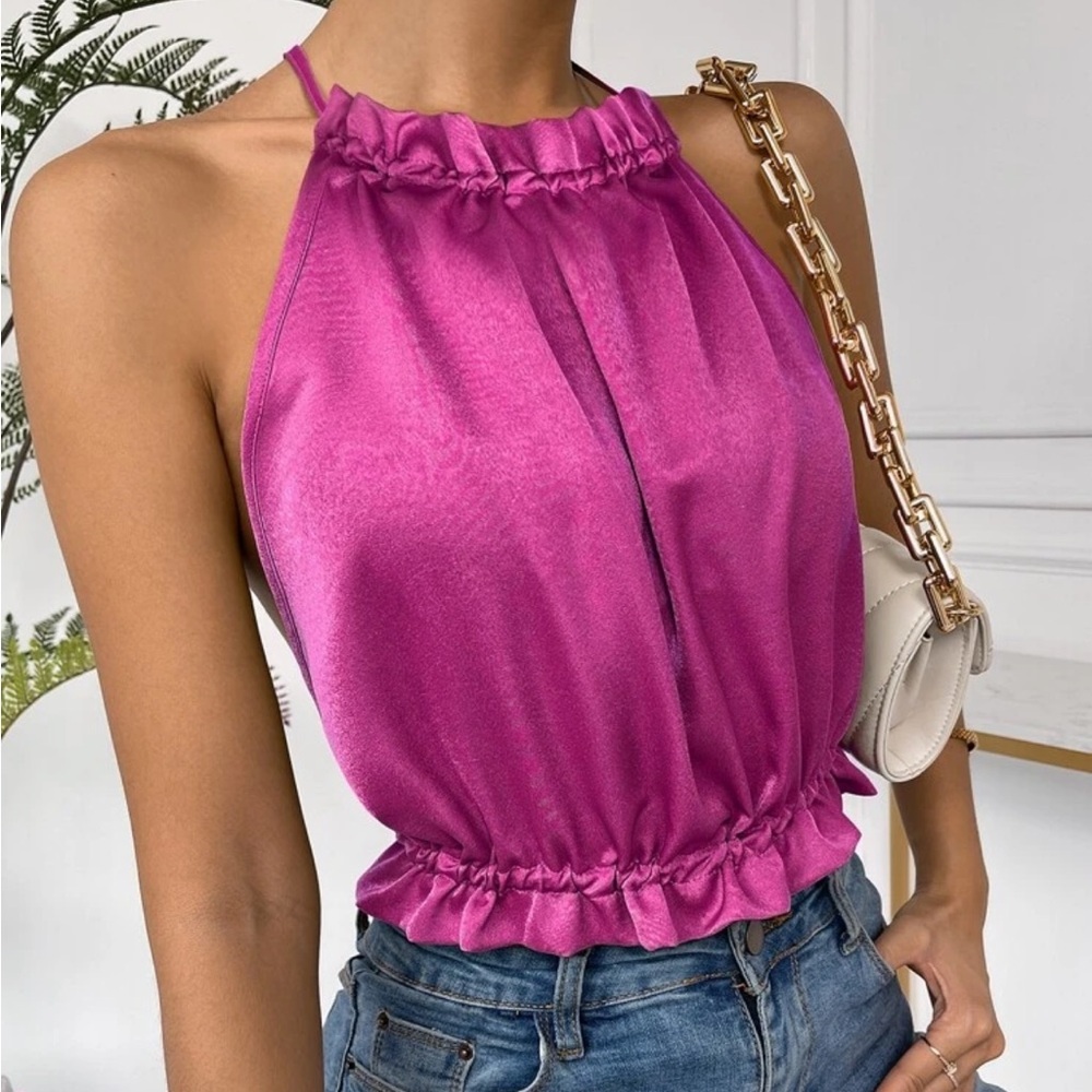 Ruffle Satin Open Back Toe Halter Top - Picture 7 of 14